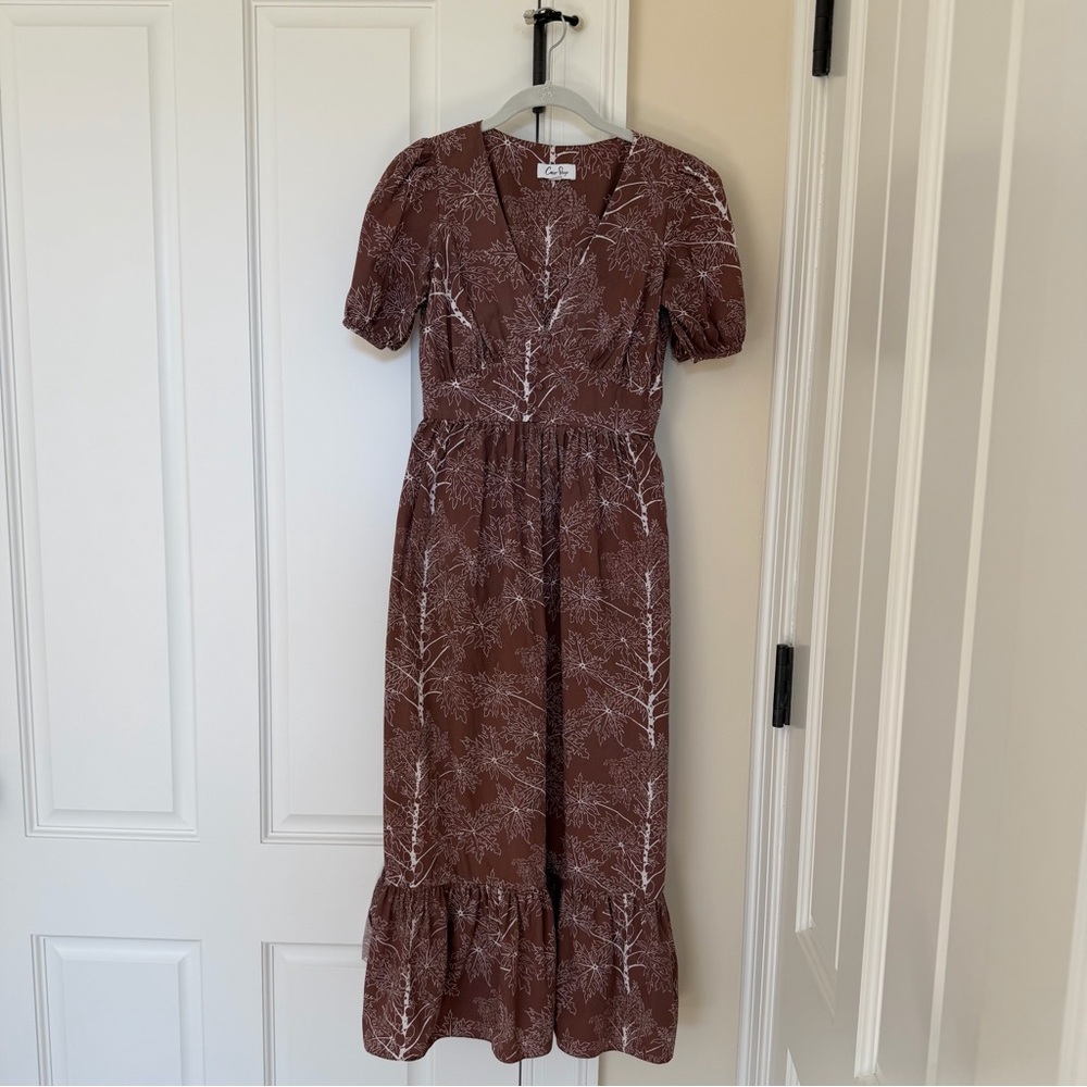 Coco Shop Brown Botanical V-Neck Midi Dress with Puff Sleeves